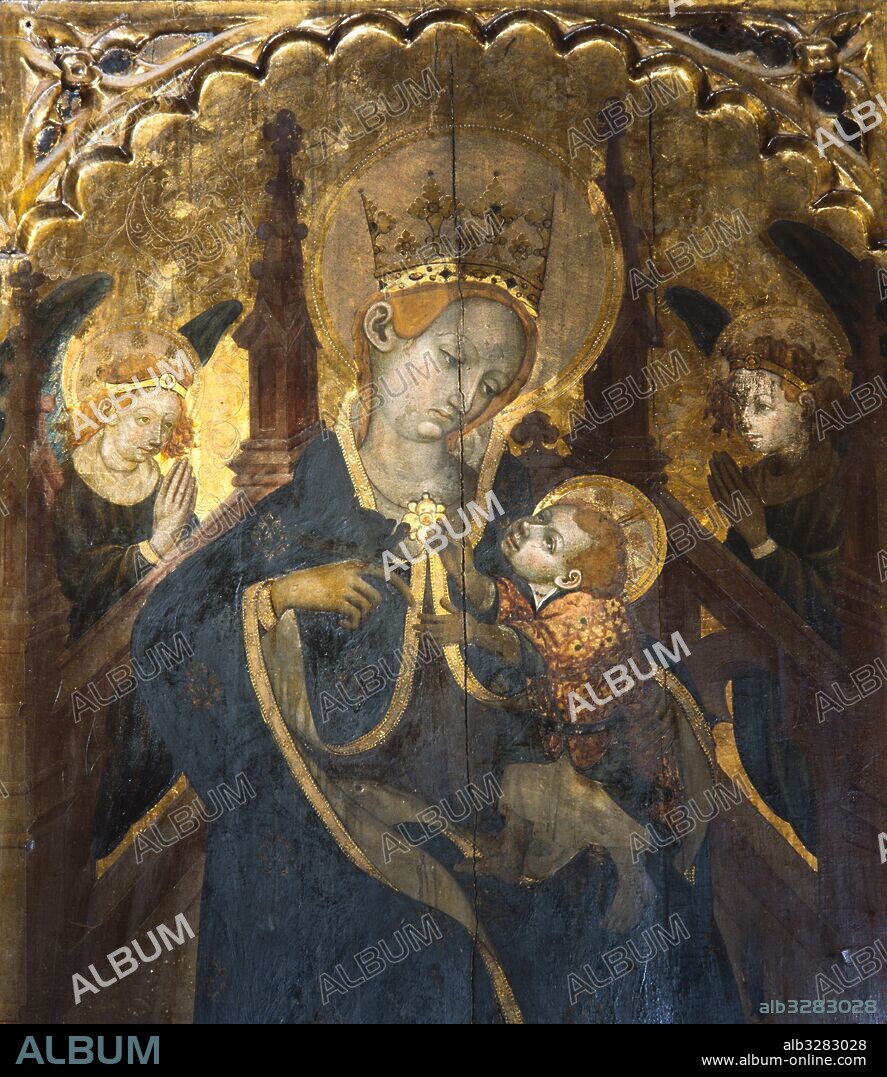 MESTRE DE CABASSERS. Retablo de Santa Maria. Fechado en el s. XIV, que se atribuye a la escuela de Borrassá. Detalle de la parte central de La Virgen y el Niño con dos ángeles. Iglesia parroquial de Cabacés. Tarragona.
