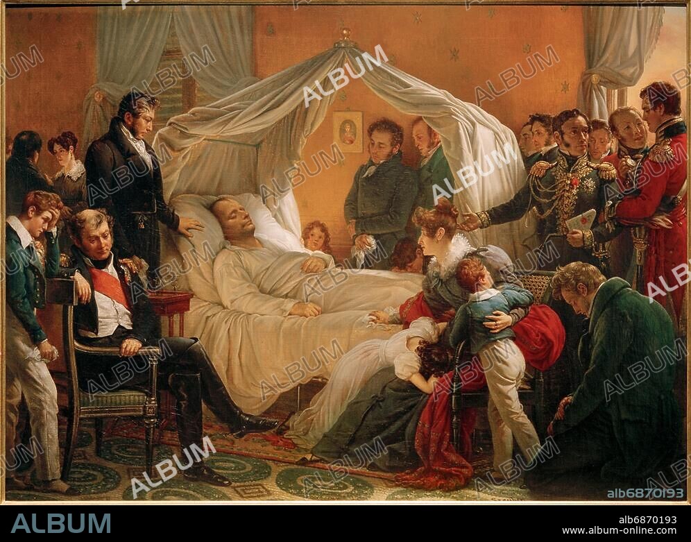 Napoléon Ier Bonaparte, empereur des Français; 1769-1821. "La mort de Napoléon" (Longwood, Ste-Hélène, 5.5.1821: de g. à d.: le comte Bertrand, docteur Antomarchi, Marchand, la comtesse Bertrand et ses enfants, le comte Montholon, Croket et Arnold). Tableau, v. 1828, de Carl von Steuben (1788-1856). Huile sur toile, H. 0,89; L. 1,19. INV. 1978/6. Arenenberg (Suisse), Musée Napoléon.