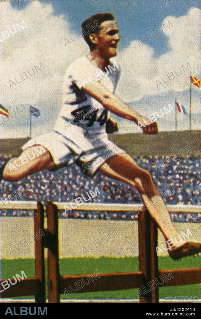Lord Burghley, winner, 400m hurdles, 1928. British athlete, sports official, peer, and Conservative Party politician David Cecil, 6th Marquess of Exeter (1905-1981), styled Lord Burghley, won the gold medal in the 400 m hurdles at the 1928 Summer Olympics, held in Amsterdam. From "Die Welt in Bildern", (The World in Pictures), cigarette card album, c1928. [Georg A Jasmatzi, A.-G., Dresden, Germany].