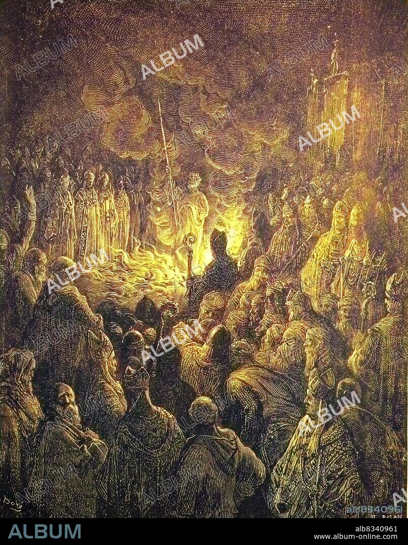 Barthelemi Undergoing the Ordeal of Fire, Peter Bartholomew (died 20 April 1099) was a soldier and mystic from France who was part of the First Crusade as part of the army of Raymond of Saint-Gilles / Die Feuerprobe, Barthelemi Peter Bartholomew, ein Soldat und Mystiker aus Frankreich, der als Teil der Armee von Raymond von Saint-Gilles am Ersten Kreuzzug teilnahm, historisch, historical, digital improved reproduction of an original from the 19th century / digitale Reproduktion einer Originalvorlage aus dem 19. Jahrhundert, Originaldatum nicht bekannt, koloriert, handcoloriert, Koloration.