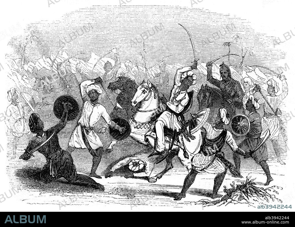 Khan Lodi overpowered, 15th century, (1847). Indian sultan Bahlul Khan Lodhi (died 1489) was the first Sultan of the Lodhi Dynasty. Illustration from The History of China and India, by Miss Corner, (Dean and Co, London, 1847).