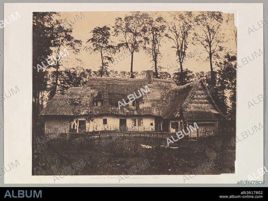 Ancienne Ferme à Pérenchies. Artist: Alphonse Le Blondel (French, Bréhal 1814-1875 Lille). Dimensions: Image: 23.5 x 29.4 cm (9 1/4 x 11 9/16 in.)
Mount: 26 x 37.4 cm (10 1/4 x 14 3/4 in.). Date: 1854.
Le Blondel took up photography during its earliest years, traveling in northern France as an itinerant photographer before settling in Lille, the region's expanding urban center. There he supported himself by making city views and studio portraits, and his experimentation with a range of processes garnered the respect of the wider French photographic community. Reviewers were entranced by the rigor of Le Blondel's gaze; much of the charm of his work is due to the amount of detail he was able to coax from his negatives. Suffused with an air of nostalgia, Le Blondel's photograph of an aging farmhouse in Pérenchies, a village near Lille, records a style of architecture--and a way of life--disappearing in the maw of 1850s industrialization.