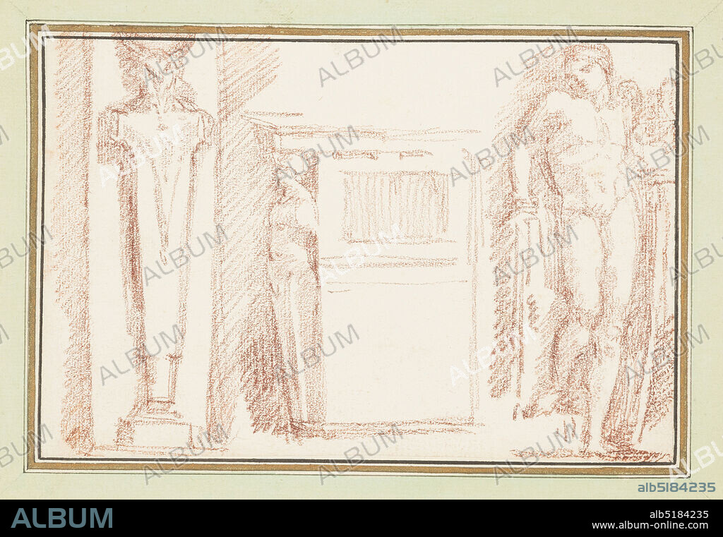 Studies with figure of Apollo from Raphel's School of Athens, Jean-Robert Ango, French, active in Rome 1759 1770, d. 1773, Raphael, (Italian, 14831520), Red chalk on paper, Three unrelated motifs. At right, Apollo from a niche in the left background of School of Athens, painted by Raphael and his workshop. At center, a base with a supporting caryatid. At left, a herm with an animal head., France, ca. 175970, architecture, interiors, Drawing, Drawing.