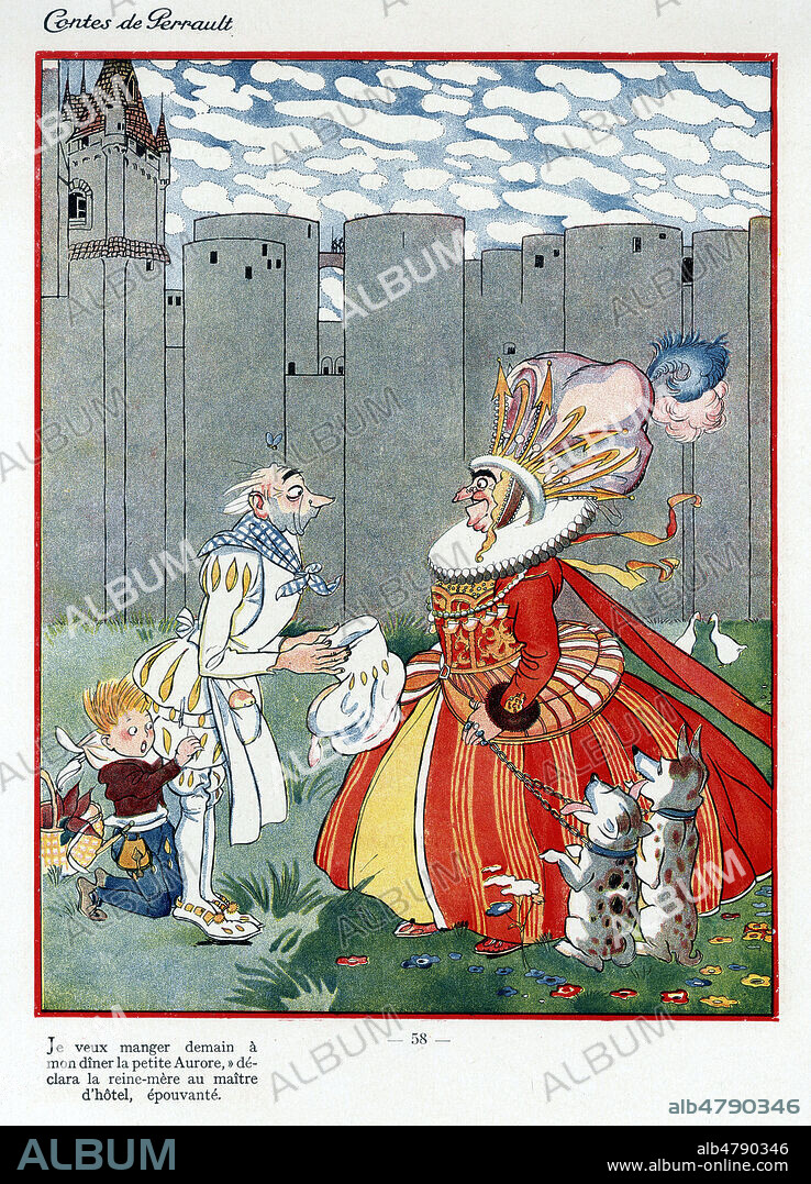 Je veux manger demain a mon diner la petite Aurore declara la Reine-mere au maitre d'hotel epouvante. Illustration de 1927 par Felix LORIOUX (1872-1964) pour La Belle au Bois dormant de Charles PERRAULT (1628-1703). ADAGP. Credit : Collection KHARBINE-TAPABOR.