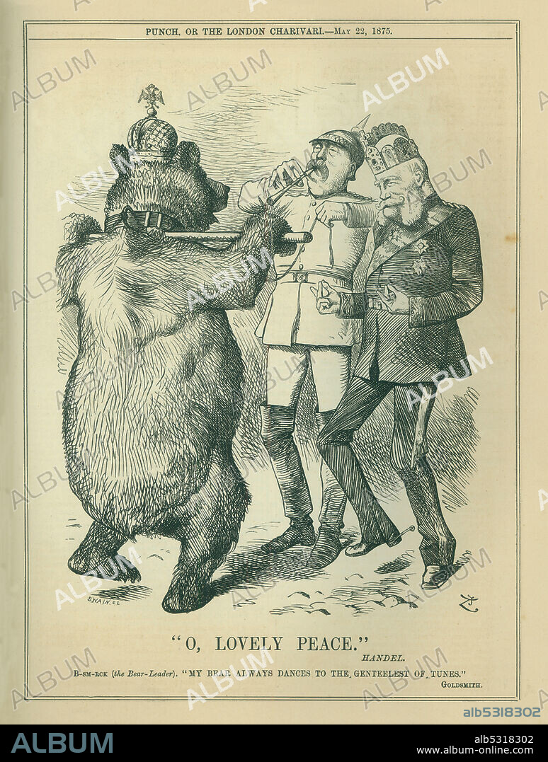 Oh, hermosa paz. Dibujo satírico-político sobre el aparente entendimiento entre el oso ruso Alejandro II (1818-1881), Otto von Bismarck (1815-1898), y Francisco José I (1830-1916), líderes de Rusia, Alemania y Austria, respectivamente, publicado en la revista británica Punch, editada en Londres en mayo de 1875.