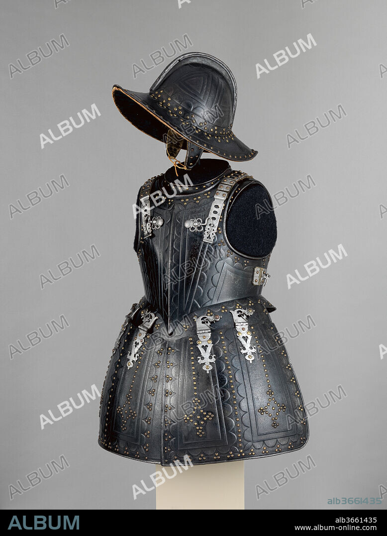 Pikeman's Armor. Culture: British, probably Greenwich or London. Dimensions: Helmet (a): H. 12 in. (30.5 cm); W. 9 in. (22.9 cm); cuirass and tassets (c-f): H. 27 in. (68.6 cm); W. 21 in. (53.3 cm); Wt. 19 lb. (8618 g). Date: ca. 1620-30.
In battle formation, pikemen stood together in tight ranks and used their pikes to defend unarmored musketeers. The latter were deployed on the flanks of the pikemen and retreated behind them to reload after firing a volley. The pike is a steel-tipped spear up to eighteen feet long with which the pikemen fended off attacking cavalry. This tandem use of "shot and pike" was the fundamental principle governing infantry tactics for much of the seventeenth century.
The quality of this armor and its decoration suggest that it was worn by an officer and that it may be a late product of the royal armor workshops at Greenwich, which closed in 1637 after 120 years of activity.