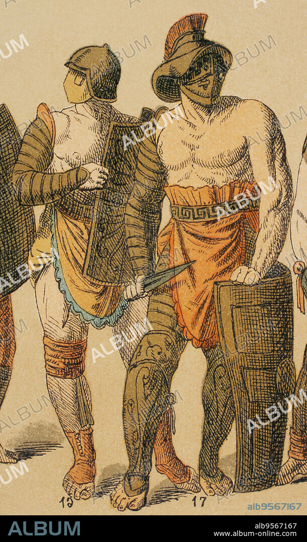 Imperio Romano. De izquierda a derecha: gladiador con yelmo y escudo, y gladiador con yelmo, escudo y puñal. Cromolitografía. Historia Universal, por César Cantú. Tomo II, 1881.