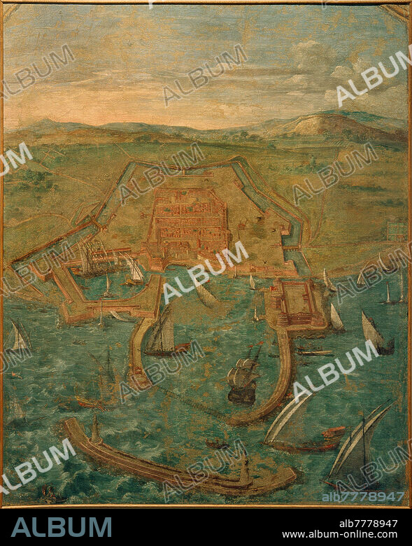 Civitavecchia (Provinz Rom, Latium, Italien). "Ansicht von Civitavecchia". Teil eines 32-teiligen Zyklus mit Veduten aus den Korridorendes Quirinalpalasts. Fresko, 1634-1635, von Marco Tullio Montagna (1584-1659) undSimone Lagi (nachgewiesen 1620 - 1640). Auf Leinwand übertragen, 168 × 133 cm. Inv. Nr. ODSG. 205; Rom, Palazzo del Quirinale.