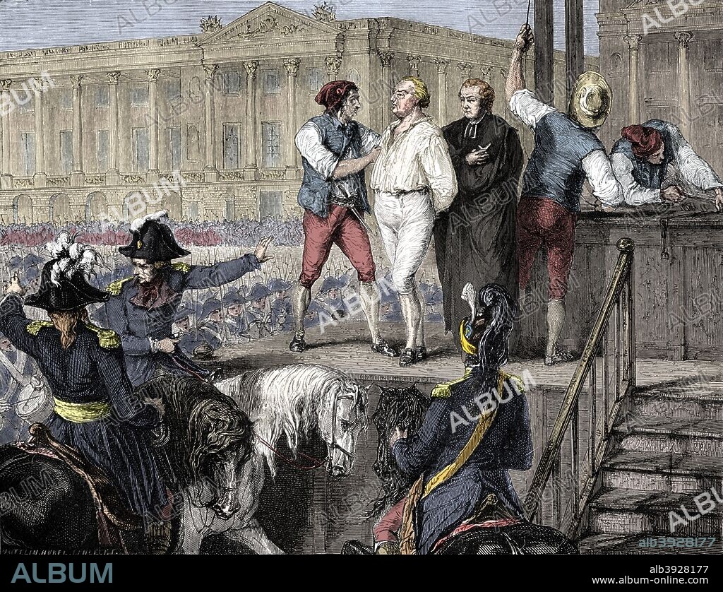 Execution of Louis XVI of France, Paris, 21st January 1793 (1882-1884). After the monarchy was overthrown by the French Revolution in 1789, Louis, his Queen, Marie Antoinette, and their children were imprisoned in the Palace of the Tuileries in Paris. In 1791 they tried, unsuccessfully to escape from France. Afterwards Louis was tried and convicted of treason and was executed. The same fate befell Marie Antoinette on 16 October 1793. A print from La France et les Français à Travers les Siècles, Volume III, F Roy editor, A Challamel, Saint-Antoine, 1882-1884. (Colorised black and white print).