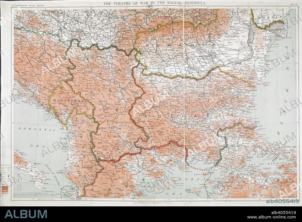 First World War map of the Balkan peninsula, 1916. Stanford's War Maps. No. 14. The Seat of War in the Balkan peninsula. Scale, 1 : 1,140,000 = 18 English miles to 1 inch. 9 March 1916. Source: Maps.1035.(90) no.16.