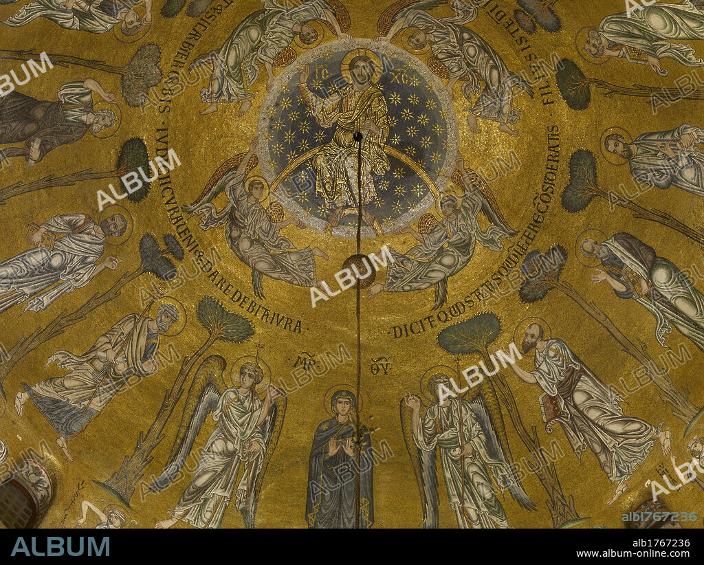 St Marks Basilica, Venice, by Unknown Artist, 10th Century,. Italy, Veneto, Venice, San Marco Basilica. Detail. Central dome. Dome of the Ascension. Glorification of Jesus Christ apostles Latin inscription angels central rose window Blessing Christ sitting arch of light sky studded with stars Virgin Mary mosaics white blue red gold, Photographic Campaign 2010.