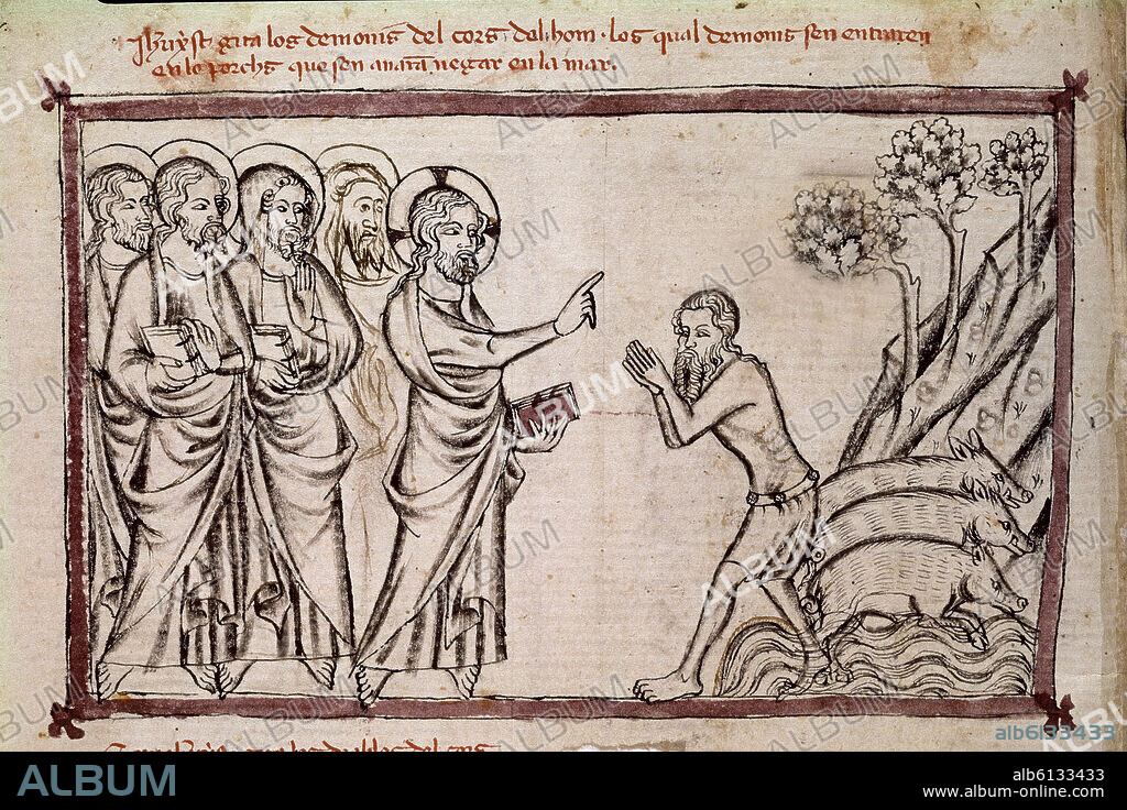 MATFRE ERMENGAUD DE BEZIERS. BREVIARIO DE AMOR- S XV- ENDEMONIADO DE GERASA Y CERDOS- MILAGRO DE JESUS- MINIATURA EN GRISALLA.