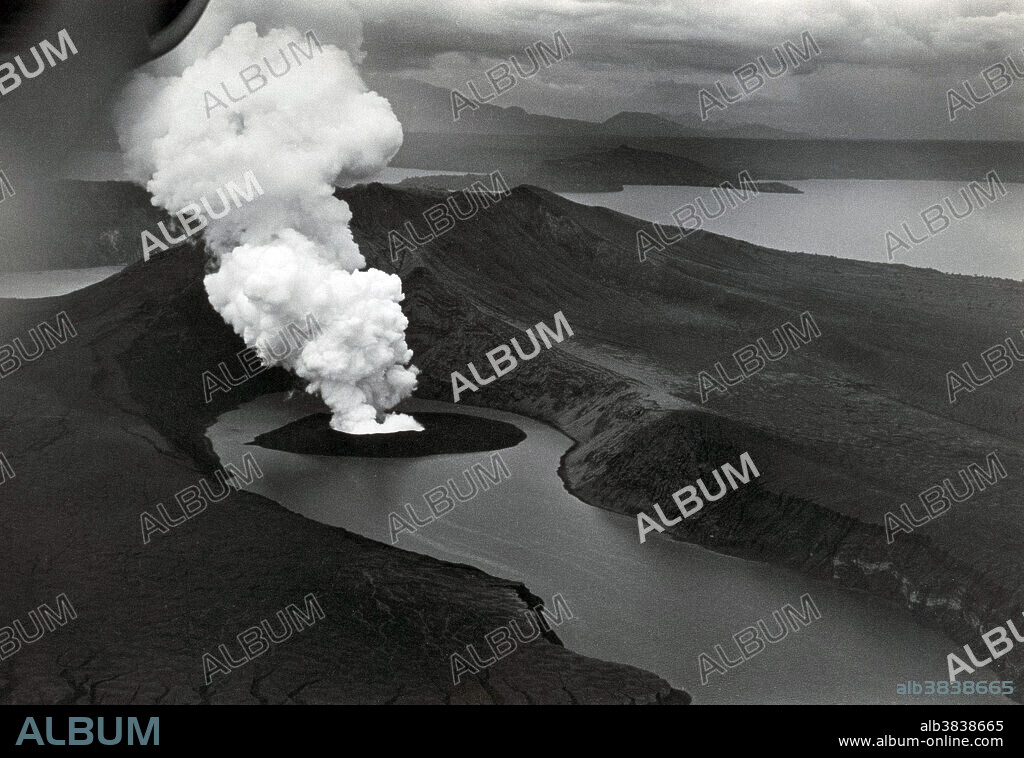 Aerial view of Taal volcano erupting. Batangas Province, Luzon, Philippines.