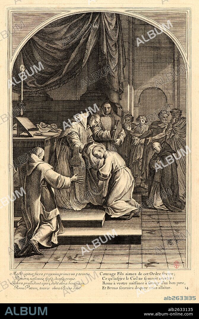 Anonymous after Eustache Le Sueur (French, 1616 - 1655). The Life of Saint Bruno, or The Founding of the Carthusian Order, Plate 14, 17th-18th century. From The Life of Saint Bruno, or The Founding of the Carthusian Order. Engraving on laid paper. Plate: 338 mm x 220 mm (13.31 in. x 8.66 in.).