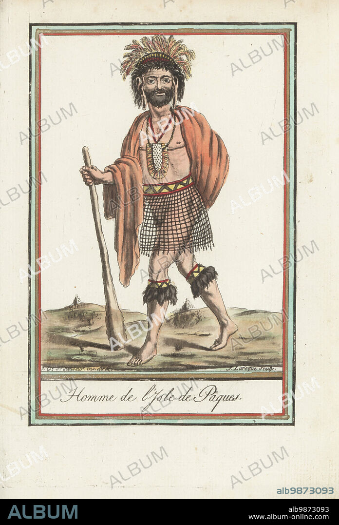 Rapanui man of Easter Island. In feather headdress, long pierced earlobes, nua mahute cloak of woven tapa fibres, and net skirt with belt. Holding a large wooden club. Homme de l'Isle de Paques. Handcoloured copperplate engraving by J. Laroque after a design by Jacques Grasset de Saint-Sauveur from his Encyclopedie des voyages, Encyclopedia of Voyages, Bordeaux, France, 1792.