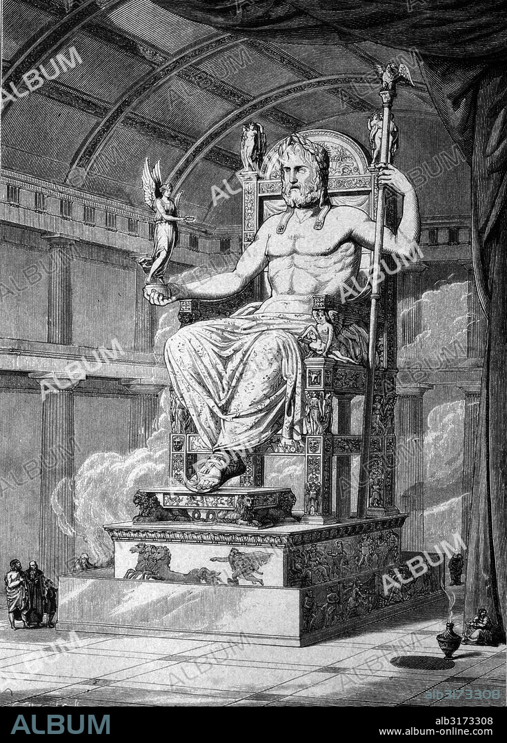 The statue of olympian zeus by phidias zu olympia, 456 b.c., one of the seven wonders of the ancient world, historical illustration, circa 1886.