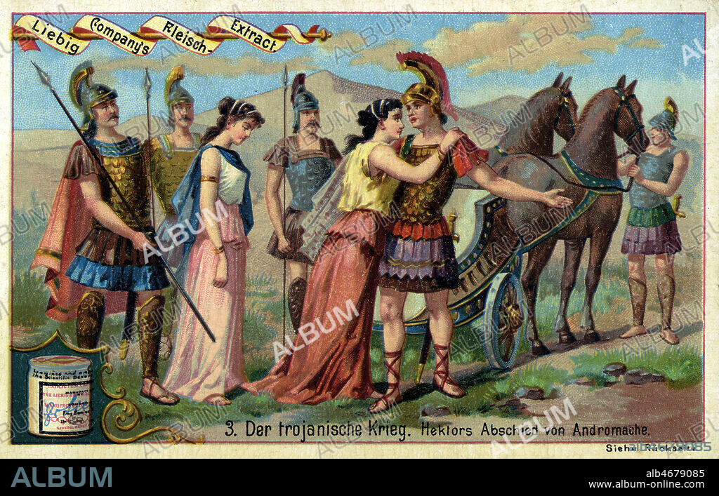 'Les adieux d'Hector a Andromaque'. Chromo Liebig allemand de 1893 sur la Guerre de Troie. Credit : Collection KHARBINE-TAPABOR.