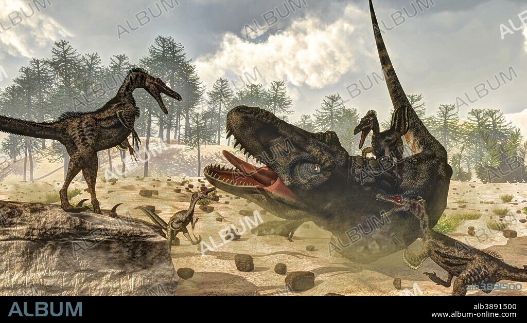 Tarbosaurus attacked by a group of Velociraptor dinosaurs.