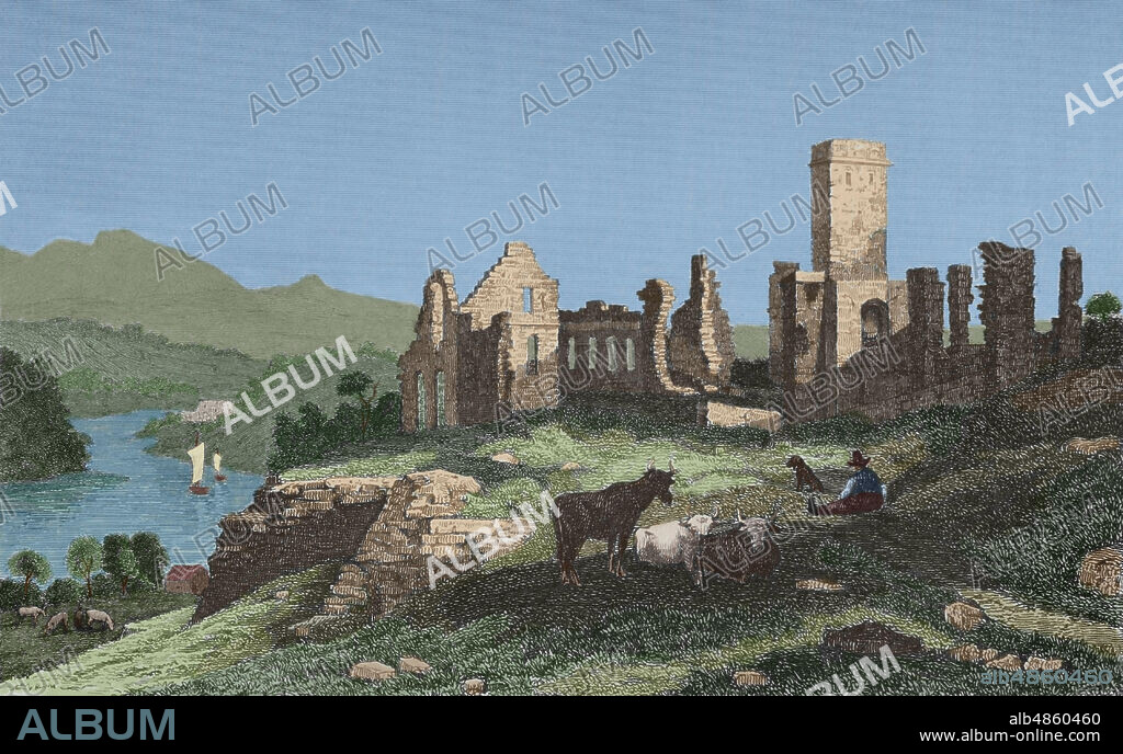 Ruinas del Fuerte Ticonderoga. Estado de Nueva York. Construido por los franceses en 1755 y tomado por los ingleses en 1759. Célebre por el ataque sorpresa contra los ingleses el 10 de mayo de 1775. Grabado por Milbert. Panorama Universal. Historia de los Estados Unidos de América, por Roux de Rochelle. Edición española, impresa en Barcelona en 1850. Coloreado.