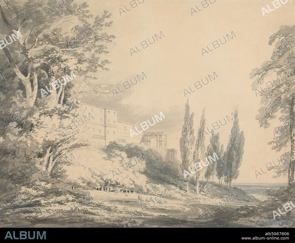 Villa d'Este, Joseph Mallord William Turner, 17751851, British, after John Robert Cozens, 17521797, British, ca. 1796, Watercolor, graphite, pen and back ink, blue wash and gray wash on moderately thick, slightly textured, cream wove paper, Sheet: 16 3/4 x 21 3/4 inches (42.5 x 55.2 cm), buildings, cattle, cows, landscape, trees, villa, walls, Europe, Italy, Lazio, Roma, Tivoli, Villa d'Este.