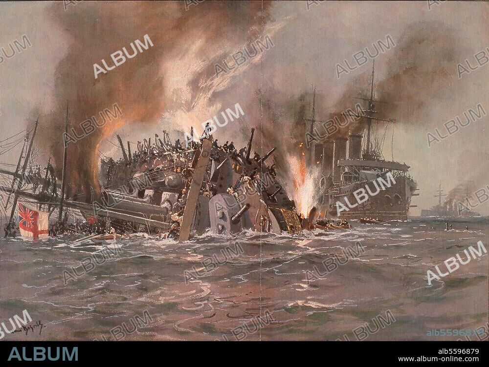 1. Weltkrieg / Seekrieg. "Die drei englischen Panzerkreuzer Aboukir, Hogue und Cressy werden in der Nordsee, 20 Seemeilen nordwestlich von Hoek van Holland, durch U 9 (Kapitän Otto Weddigen) zum Sinken gebracht.". (22. September 1914). Aquarell von Hans Bohrdt, 1914.