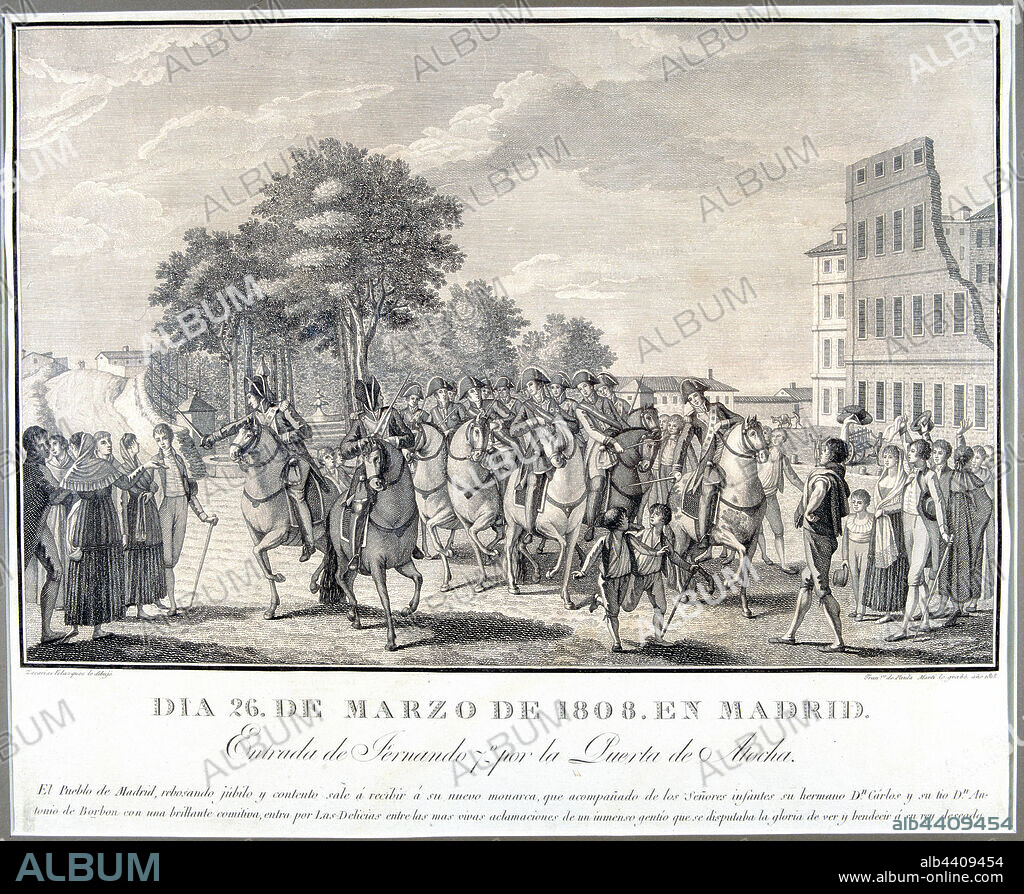 FRANCISCO DE PAULA MARTI (1761-1827). FERNANDO VII. EL ESCORIAL 1784- MADRID 1833 "ENTRADA DE FERNANDO VII EN MADRID" 1808 DIBUJO DE ZACARIAS GONZALEZ VELAZQUEZ, Y GRABADO DE FRANCISCO DE PAULA MARTI. MUSEO MUNICIPAL. MADRID.