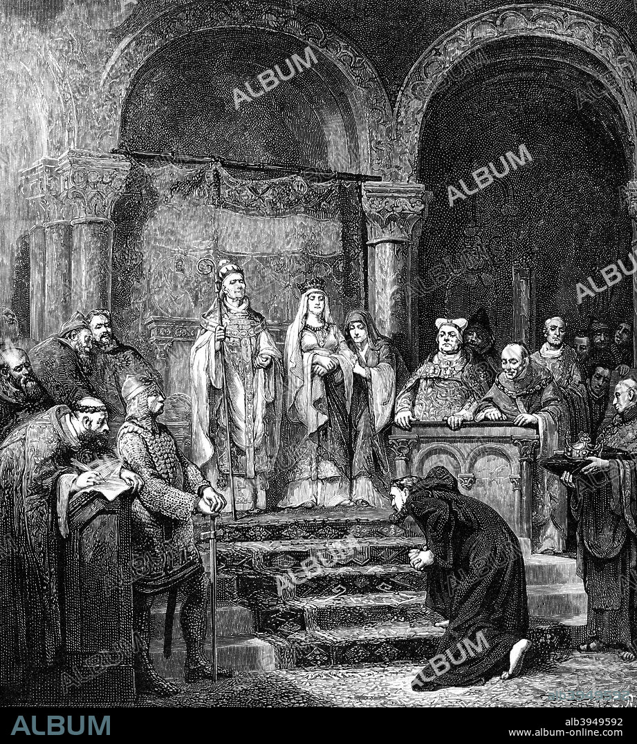 'Canossa', 1878 (1882). The Holy Roman Emperor Henry IV doing penance at the Italian town of Canossa in 1077 in order to have Pope Gregory VII reverse his excommunication. A print from The Magazine of Art Vol V, Cassell, Peter, Galpin and Company, Limited, 1882.