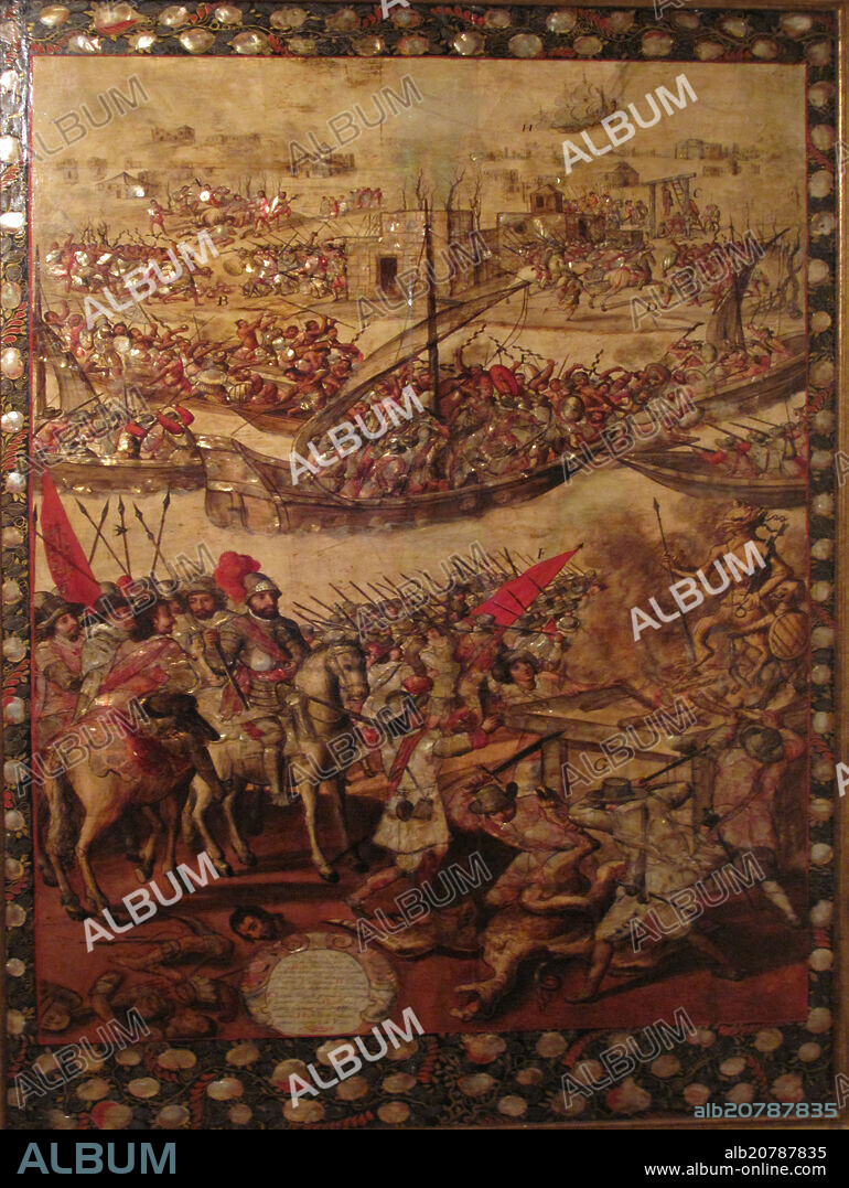 ANÓNIMO. CONQUISTA DE MEXICO - 1676-1700 - ESCUELA MEXICANA - VIRREINATO DE NUEVA ESPAÑA - TABLA/OLEO/NACAR - 205x121 cm.