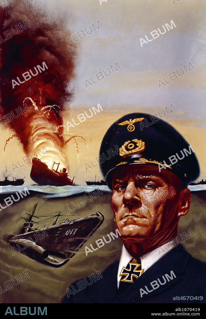 Portrait of nazi officer, exploding warship in the background, illustration.