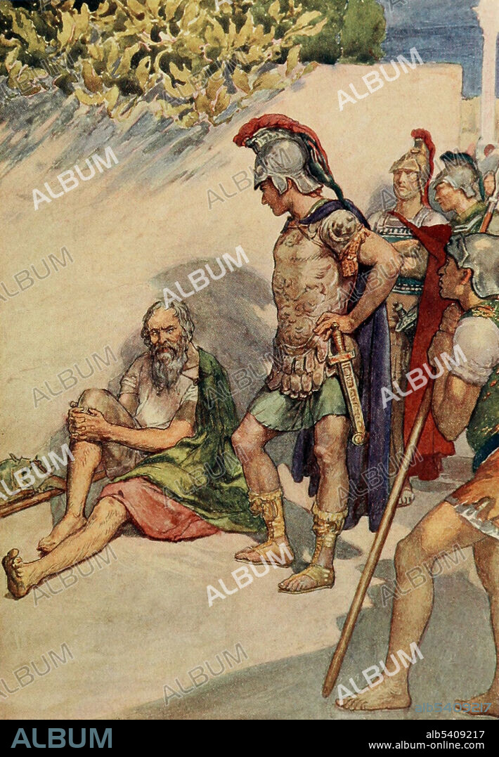 Diogenes being offered whatever he wants by Alexander the Great asks Alexander to step aside so that he can see the sun. Diogenes of Sinope (412-323 BC) was a Greek philosopher and one of the founders of Cynic philosophy. He embarrassed Plato, disputed his interpretation of Socrates and sabotaged his lectures. Alexander III of Macedon (356-323 BC) was a Greek king. In 334 BC, he invaded Persian-ruled Asia Minor and began a series of campaigns that broke the power of Persia, overthrowing King Darius III and conquering the entirety of the Persian Empire. Plutarch's Lives for Boys and Girls, 1900 (cropped and cleaned).