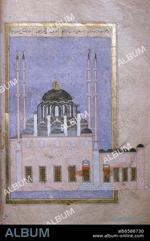 Edirne (Prov.Edirne, Thrakien, Türkei), Selimiye Camii / Sultan-Selim-Moschee ( erbaut 1569-75 unter Selim II.; Architekt: Sinan). /-Ansicht der Selimiye Camii.-/ Türkische Miniatur, 1581. / Aus dem Schahnamei Selim han ( Buch der Könige Sultan Selims II.) von Seyyid Loqman. Gouache auf Papier, 34,3 x 23,6 cm. Ms. A 3595,.