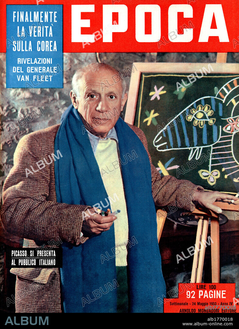 Pablo Picasso on a weekly magazine cover. The cover of the Italian weekly magazine Epoca showing the Spanish painter Pablo Picasso beside a board. 24th May 1953.