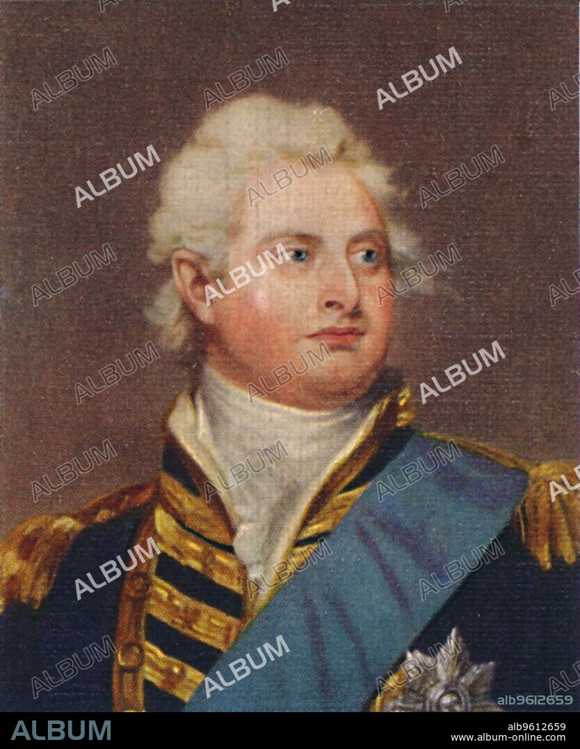 'William IV', 1935. William IV (1765-1837) was King of the United Kingdom and King of Hanover from 26 June 1830 until his death. The third son of George III, William succeeded his elder brother George IV, as the last king and penultimate monarch of Britain's House of Hanover. From Kings & Queens of England - A Series of 50. [John Player & Sons, London, 1935].