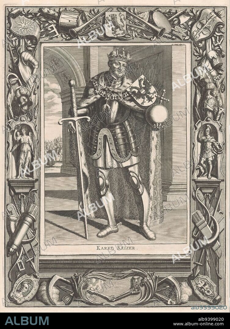 Portrait of Charles V of Habsburg, Portrait of Charles of Habsburg at full-length, with coat of arms on left shoulder and a Reich's apple in left hand. Surrounding ornamental frame with armorial trophies and the gods Victoria and Mars., print maker: anonymous, publisher: Hendrik Halma, Leeuwarden, in or before 1725, paper, engraving, etching, height 229 mm × width 160 mm, height 335 mm × width 247 mm.