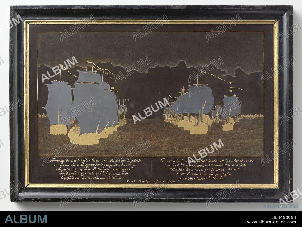 The Battle of Dogger Bank, The Battle of the Dogger Bank, Black lacquered metal plate in a black-painted wooden frame that is partially gilded. On the plate two neat fleets against each other on calm sea, in gold and gray., Battle (naval force), Doggersbank, Johan Arnold Zoutman, Sasaya, Japan, 1792, metal, wood (plant material), lacquer (coating), lacquering, h 36.9 cm × w 52.9 cm.