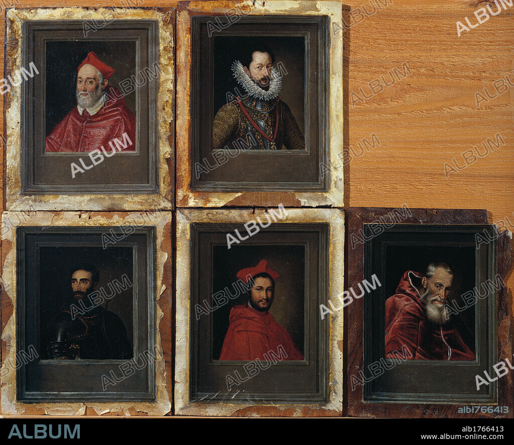 Portrait of Members of the Farnese Family, by Flamish artist, 17th Century, probably oil on canvas,. Italy, Emilia Romagna, Parma, National Art Gallery, inv. 1177. All. Set of five portraits bottom right portrait of Paolo III Farnese cardinals clothes garments tricorn hat ruff black background black white red. Authorization required for non editorial use.