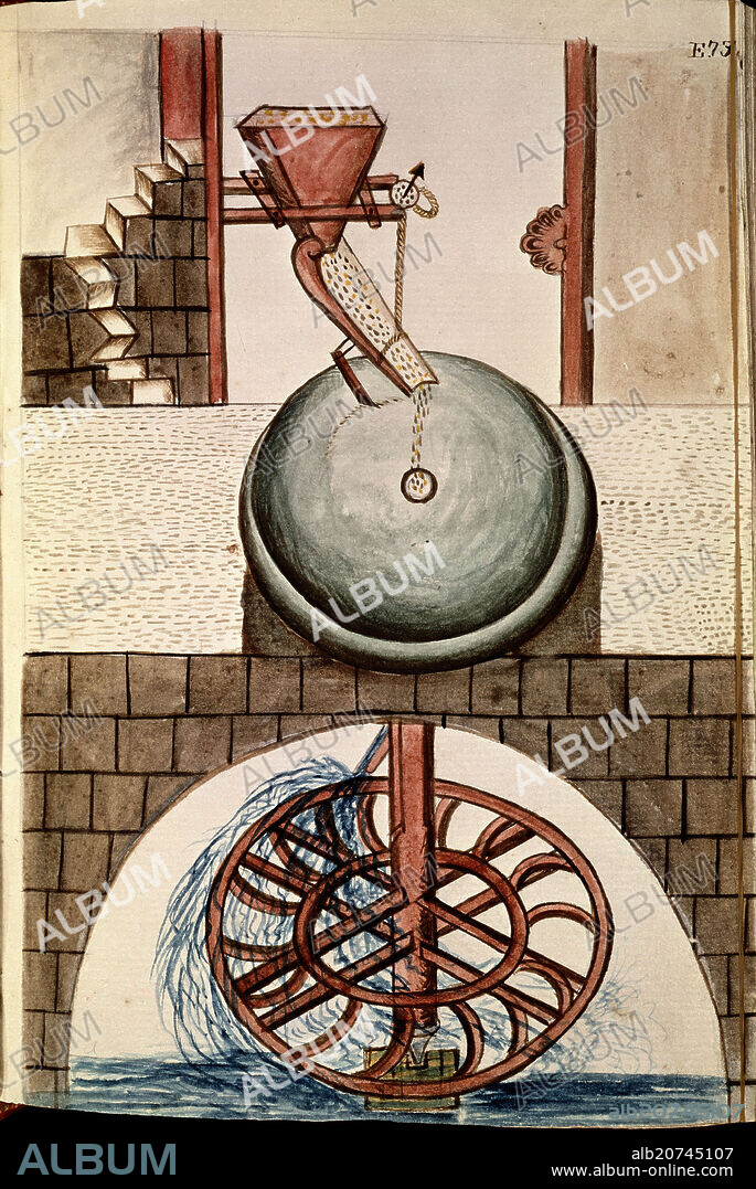 BALTASAR JAIME MARTÍNEZ COMPAÑÓN. CODICE TRUJILLO DEL PERU - TOMO II E 73 - MOLINO DE MOLER TRIGO - ACUARELA - SIGLO XVIII.