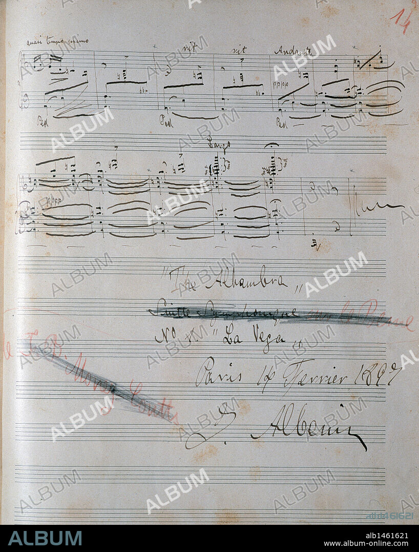 ALBENIZ, Isaac (Camprodón,1860-Cambo-les-Bains, 1909). Compositor y pianista español. "LA ALHAMBRA". Número 1 "La Vega" (final de la obra). Manuscrito firmado en París en febrero de 1897.