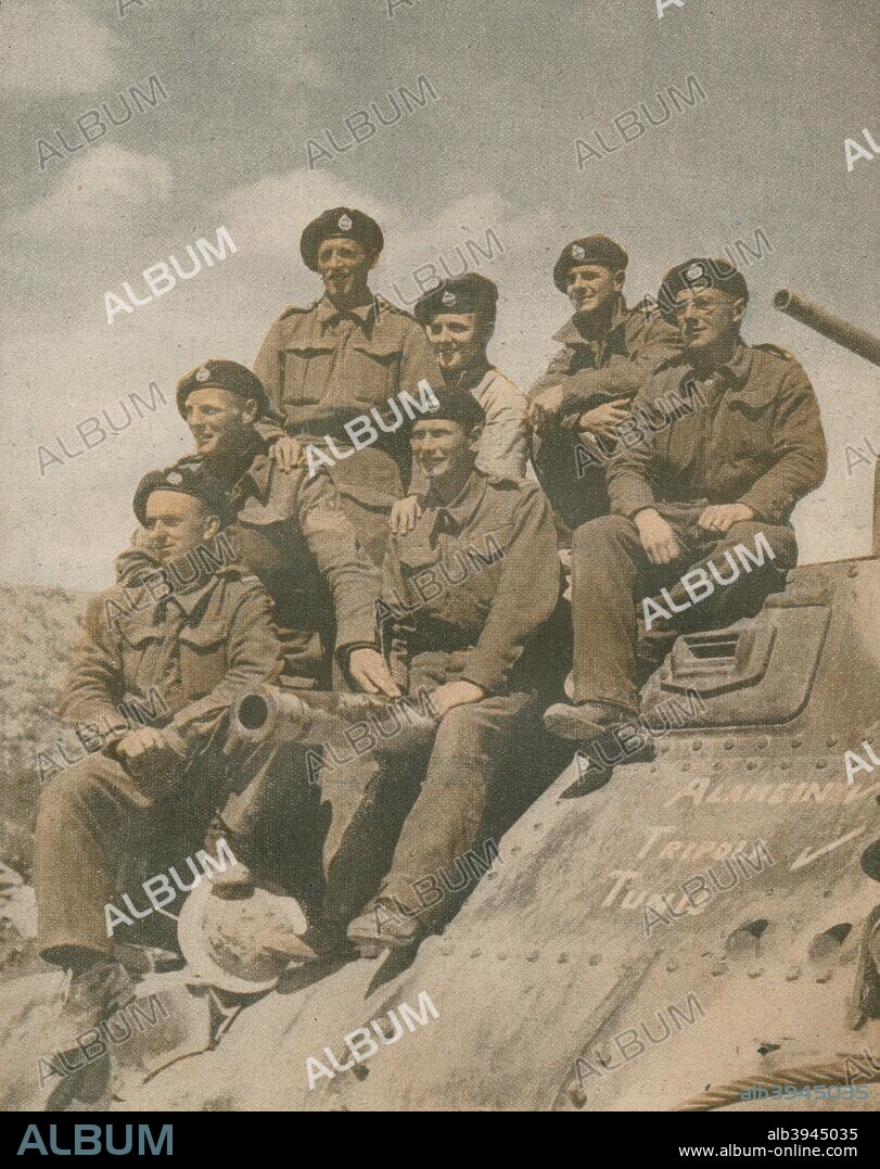 'Victors of the Mareth Line', 1943. The Battle of the Mareth line or the Battle of Mareth, 16th to 31st March 1943, was part of an Allied operation under General Bernard Montgomery in Tunisia during the Second World War, intended to assault the Mareth Line defences held by German and Italian forces under General Giovanni Messe. From The War Illustrated Volume 6 edited by Sir John Hammerton. [The Amalgamated Press Ltd, London, 1943].