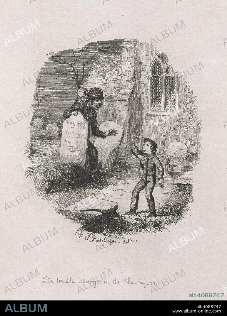 'The Terrible Stranger in the Churchyard'. Pip encounters the convict, Magwitch, in a graveyard. Illustration for the novel 'Great Expectations'. Great Expectations. By Charles Dickens. [Twenty-one engraved plates, including a titlepage, after etchings by F. W. Pailthorpe.]. London : Robson & Kerslake, 1885. Source: K.T.C.28.b.20 page 2.