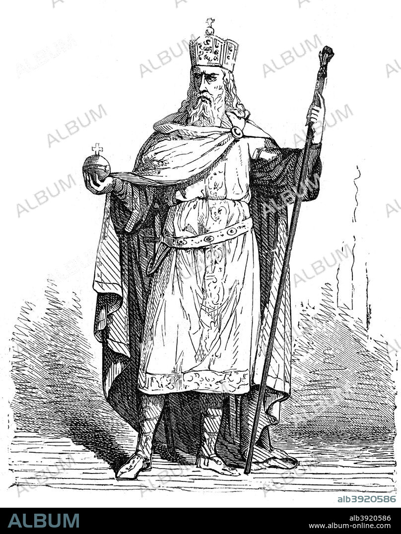 Charlemagne, King of the Franks and Holy Roman Emperor, late 8th - early 9th century (1882-1884). King of the Franks from 768, Charlemagne (c742-814) was crowned Emperor of the Romans in 800 AD by Leo III. His kingdom included almost all of western and central Europe. A print from La France et les Français à Travers les Siècles, Volume I, F Roy editor, Saint-Antoine, 1882-1884.