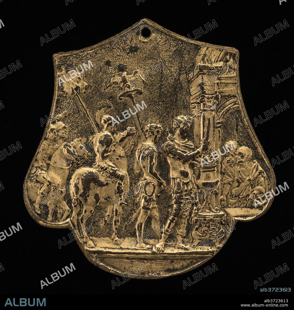 MASTER IO. F. F.. Mucius Scaevola. Dated: second half 15th century. Dimensions: overall (irregular): 5.88 × 5.73 cm (2 5/16 × 2 1/4 in.)  gross weight: 33.59 gr (0.074 lb.). Medium: gilded bronze.