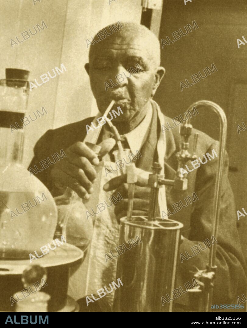Carver at work in his laboratory in the 1940's. George Washington Carver (1864 - January 5, 1943) was an African-American scientist, botanist, educator, and inventor born into slavery. In 1891 he attended and studied botany at Iowa State Agricultural College where he was the first black student, and later taught as the first black faculty member. His reputation is based on his research into and promotion of alternative crops to cotton, such as peanuts, soybeans and sweet potatoes, which also aided nutrition for farm families. He wanted poor farmers to grow alternative crops both as a source of their own food and as a source of other products to improve their quality of life. As an agricultural chemist, Carver discovered three hundred uses for peanuts and hundreds more for soybeans, pecans and sweet potatoes. He died in 1943, at the age of 78. In 1977, he was elected to the Hall of Fame for Great Americans. In 1990, he was inducted into the National Inventors Hall of Fame. Carver is often referred to as "Father of Chemurgy".