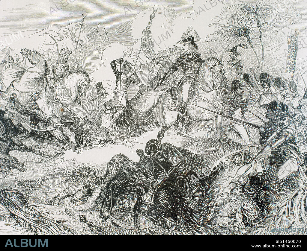 HISTORIA DE FRANCIA. EL DIRECTORIO (1795-1799). "TROPAS FRANCESAS CAPITANEADAS POR NAPOLEON BONAPARTE DURANTE LA CAMPAÑA DE EGIPTO,1798-1799) ". Grabado de "Historia Universal", 1869.