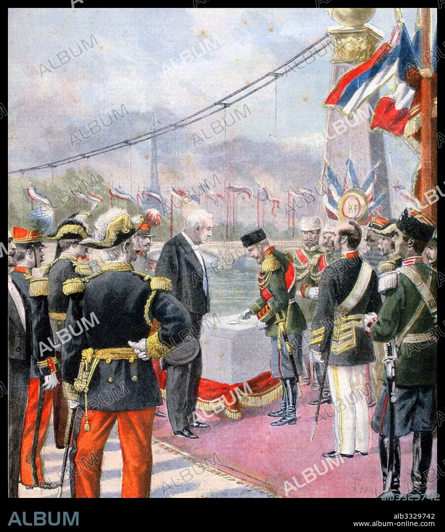 Franco-Russian Alliance. Tsar Nicholas II, accompanied by President Faure, laying the first stone of the Alexander III bridge, Paris, named after his father. From 'Le Petit Journal', Paris, 18 October 1896.