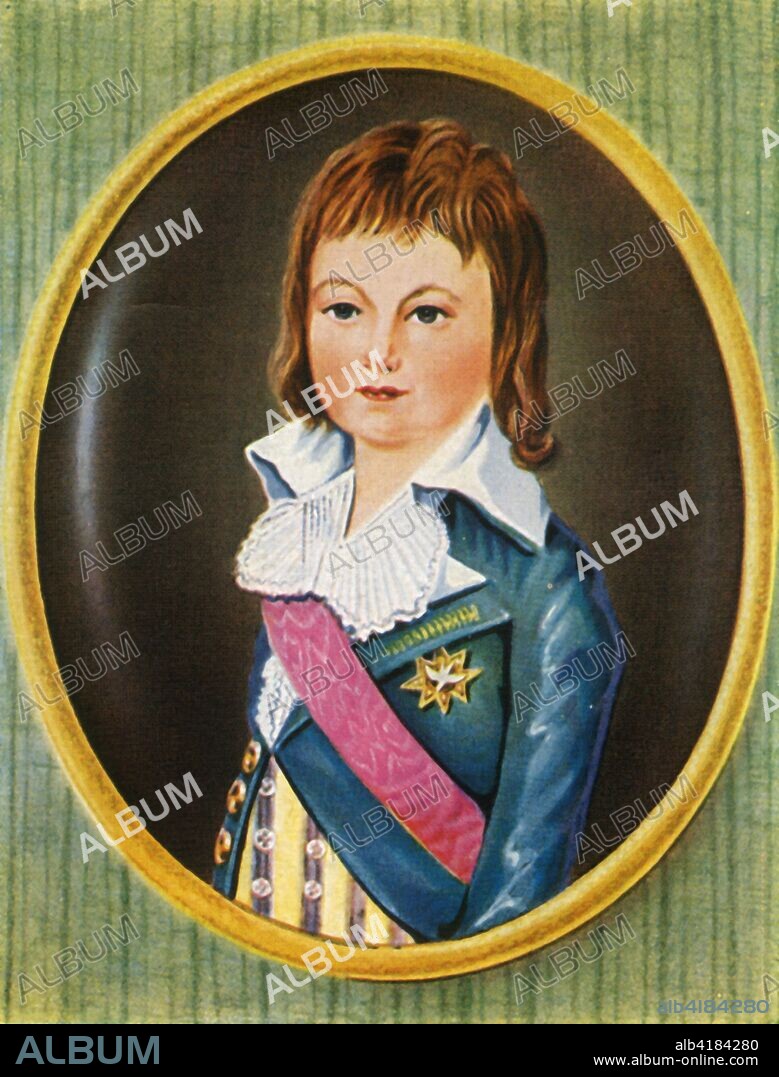 'Ludwig XVII', (1933). Portrait of the Dauphin, Louis XVII of France (1785-1795) whose parents King Louis XVI and Queen Marie Antoinette were guillottined in the French Revolution. He never ruled, as he died of a tubercular disease aged ten. After a miniature by Alexander Kucharski. From "Gestalten Der Weltgeschichte", a book of cigarette-card portrait miniatures of figures in world history from the last four hundred years. [Germany, 1933].