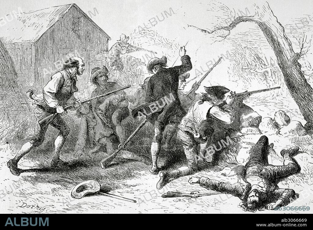 American Revolutionary War (1775-1783). Battles of Lexington and Concord. April 19, 1775. Engraving by Darley. The American Revolution, 19th century.