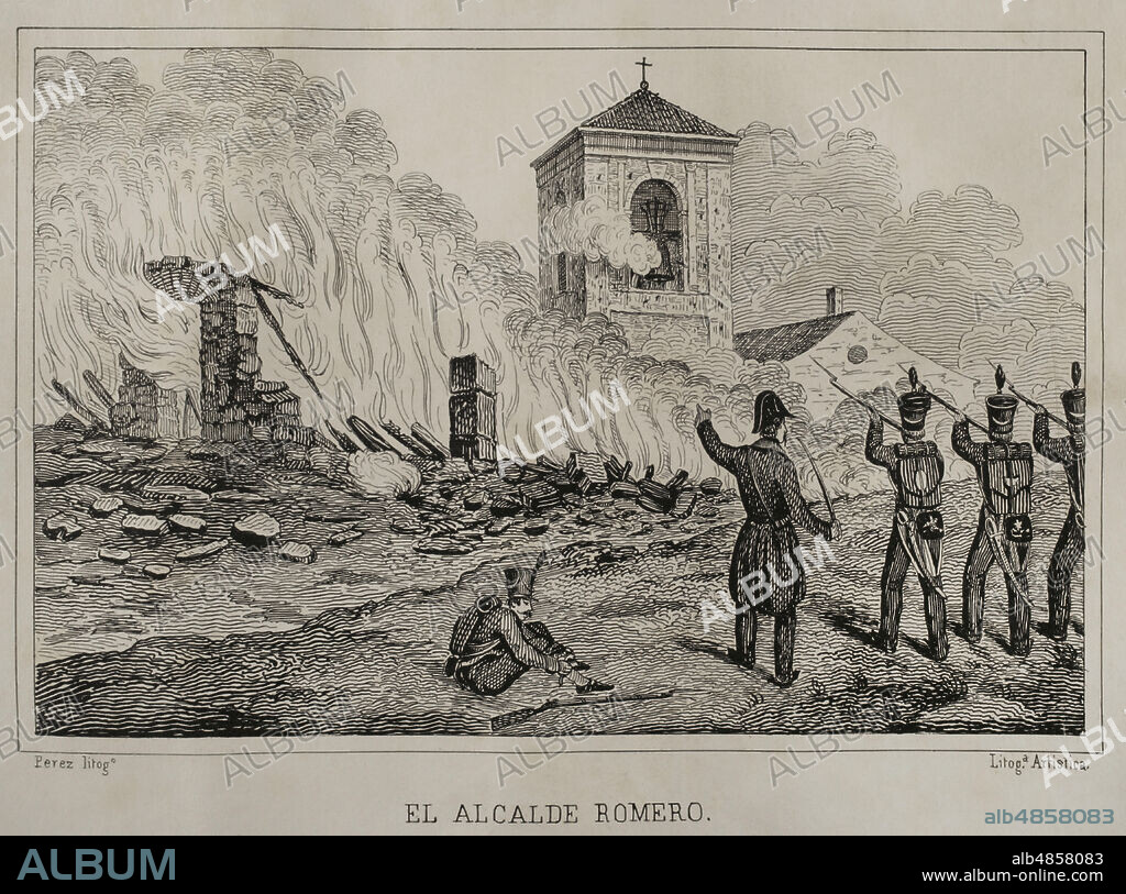 Guerra de la Independencia Española (1808-1814). Sucesos de Montellano (abril de 1810). Don José Romero, alcalde de Montellano, estaba integrado junto con otros vecino del pueblo en partidas de guerrilleros que hostigaban al ejército francés distribuido en la zona. En uno de los hostigamientos un destacamento francés de unos 500 soldados atacó la localidad el 14 de abril de 1810, si bien fué repelido con furia por Romero y sus seguidore. El 22 de abril volvieron las tropas francesas, al mando del coronel Bonnemains. Al no conseguir tampoco vencer la resistencia de sus habitantes decidieron saquear e incendiar, que resultó prácticamente destruido por completo, salvándose únicamente parte del campanario de la iglesia y algunas pocas casas. En esta ocasión los vecinos contaron con la ayuda de una partida de habitantes de los pueblos de Puerto Serrano y Algodonales, al mando de Gaspar Tardío y Francisco Salcedo. El alcalde Romero. Historia del Levantamiento, Guerra y Revolución de España, por el Conde de Toreno. Madrid,1851.