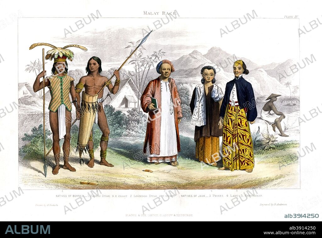 'Malay Race', 1800-1900. Malays (Dutch, Malayo, ultimately from Malay: Melayu) are a diverse group of people inhabiting the Malay archipelago and Malay peninsula in Southeast Asia. Natives of Borneo - Saghai Dyak, N E Coast, Loondoo Dyak, S W Coast. Natives of Java - Priest, Lady, Gentleman.