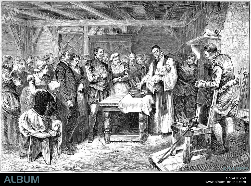Baptism of Viriginia Dare, the first baby born to English settlers in Roanoke, in 1587, and the granddaughter of John White. The settlement at Roanoke disappeared after two years and no one knows what became of the colonists. Some believe they went "native" to survive. Dare has become an enduring character in American folklore. The first colony on Roanoke Island was established by governor Ralph Lane in 1585. Following the failure of the 1585 settlement, a second colony led by John White landed on the same island in 1587, and became known as the Lost Colony due to the unexplained disappearance of its population. Engraving by William Ludwell Sheppard, 1876.